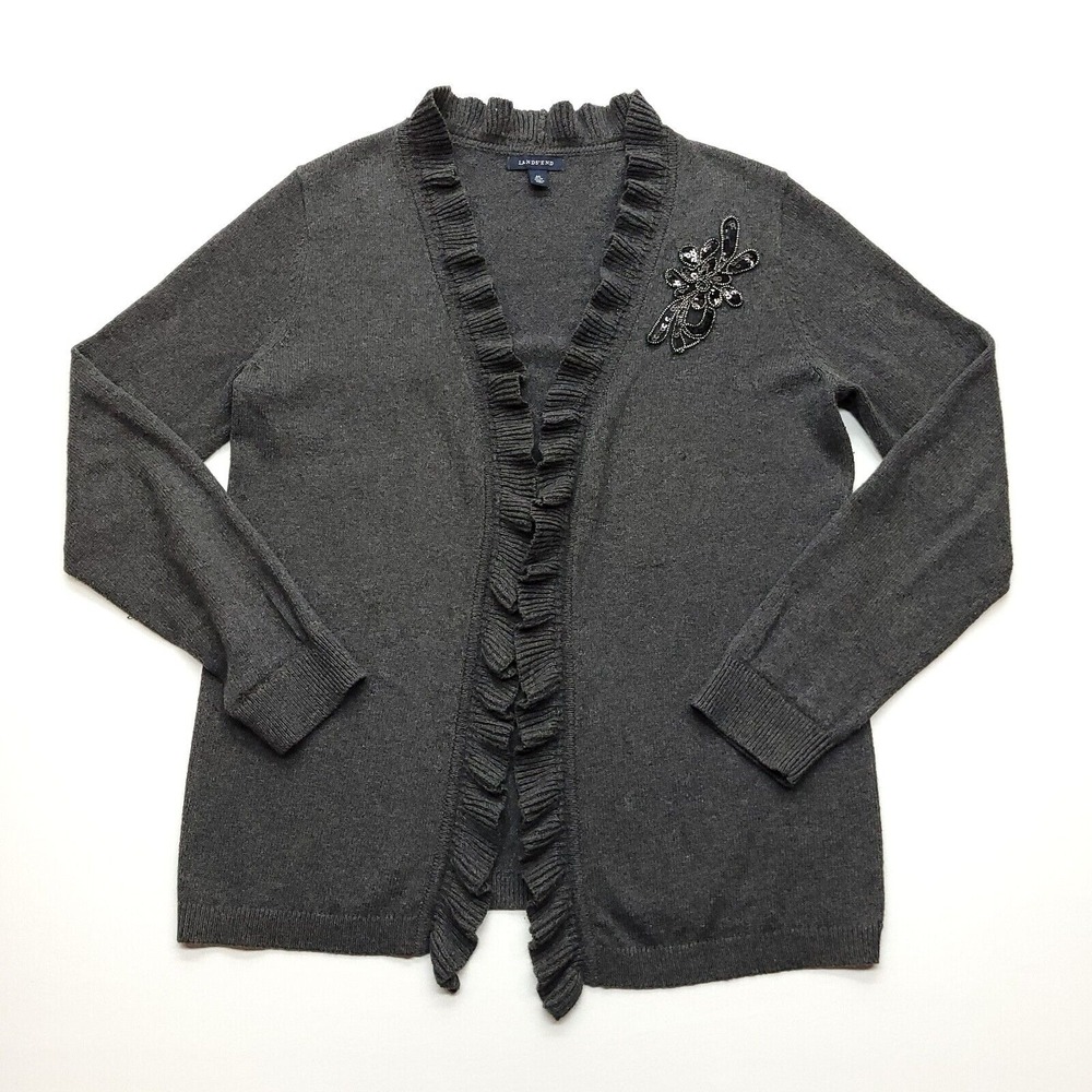 Lands End Cardigan Women M Gray Wool Cotton Sequin Ruffle‎ Open Front Sweater